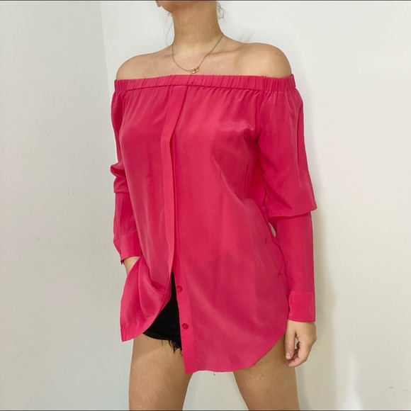 EQUIPMENT Silk Off-shoulder Button Front Top - Picture 1 of 12